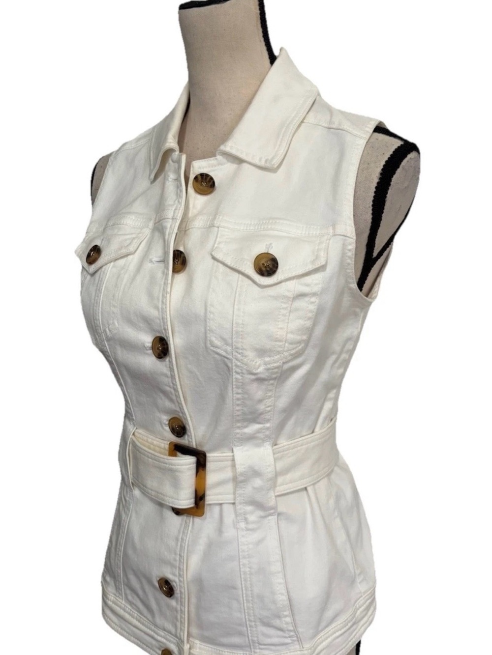 White House Black Market Classic Belted White Denim Vest Size 2